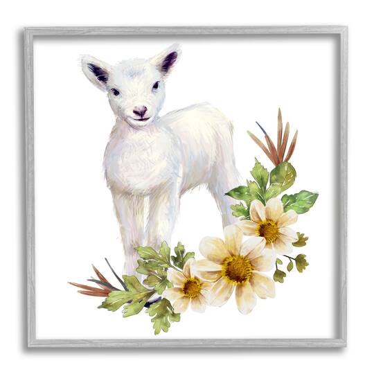 Stupell Industries Baby Lamb Autumn Daisy Florals Tree Leaf Foliage Framed Wall Art